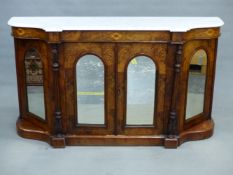 A VICTORIAN WALNUT AND INLAID CREDENZA WITH WHITE MARBLE TOP OVER FOUR MIRRORED DOORS. 152 x 43 x