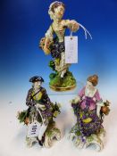 A PAIR OF GERMAN FIGURES OF SEATED GRAPE HARVESTERS. H 17cms. TOGETHER WITH A CROWN DERBY FIGURE