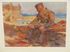 H.S. HOPWOOD (1860-1914). 'MENDING THE NETS'. WATERCOLOUR, SIGNED. 24 x 29cms.