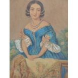 MID 19th.C. SCHOOL. PORTRAIT OF A YOUNG LADY ON A TERRACE. WATERCOLOUR. 34 x 26cms.