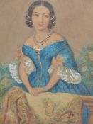MID 19th.C. SCHOOL. PORTRAIT OF A YOUNG LADY ON A TERRACE. WATERCOLOUR. 34 x 26cms.