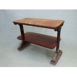A WILLIAM IV MAHOGANY TWO TIER DUMB WAITER ON TRESTLE END SUPPORTS. 107 x 48 x 82cms.