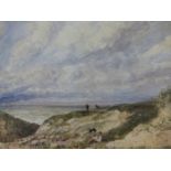 JAMES PRICE (1842-1876). COASTAL FLOCK WITH SHEPHERD. SIGNED WATERCOLOUR. 55 x 38cms.