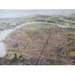 AN ANTIQUE COLOURED LITHOGRAPH, AN AERIAL VIEW OF THE CITY OF CHESTER, CIRCA 1850. 53 x 79.5cms.