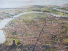 AN ANTIQUE COLOURED LITHOGRAPH, AN AERIAL VIEW OF THE CITY OF CHESTER, CIRCA 1850. 53 x 79.5cms.