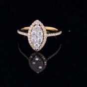 AN 18ct YELLOW GOLD DIAMOND MARQUISE CLUSTER SHAPE RING WITH DIAMOND SET SHOULDERS. APPROX DIAMOND