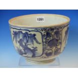AN JAPANESE ARITA BLUE AND WHITE BOWL, THE EXTERIOR PAINTED WITH THREE RESERVES OF WILLOW TREES.