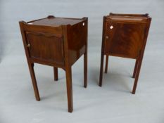 TWO 19th.C. MAHOGANY TRAY TOP BEDSIDE CABINETS ON SQUARE CHAMFERED LEGS. 36 x 36 x 70cms AND 35 x 31