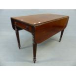 A 19th C. MAHOGANY PEMBROKE TABLE WITH A DRAWER TO ONE END ABOVE REEDED TAPERING CYLINDRICAL LEGS.