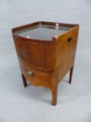 A GEORGE III MAHOGANY BEDSIDE TABLE, THE THREE QUARTER GALLERIED TOP WITH BOW FRONT ABOVE TWO