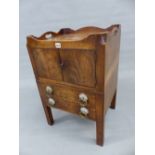 A GEORGE III MAHOGANY NIGHT TABLE, TWO HANDLES PIERCED INTO THE GALLERIED TOP ABOVE DOORS STRUNG