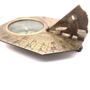 AN EARLY 18TH CENTURY FRENCH BRASS BUTTERFIELD BRASS COMPASS SUNDIAL, WITH FOLDING BIRD GNOMON AND