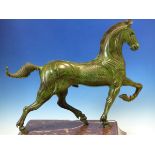 LUDOVICO DE LUIGI (BORN 1933) ARR, HIS 1979 GREEN PATINATED BRONZE OF A TROTTING STALLION, LIMITED