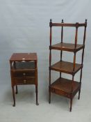 A 19th C. ETAGERE, THE BOTTOM TIER WITH DRAWER AND BALUSTER LEGS ON SPINDLE FEET BELOW. W 40.5 x D