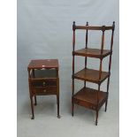 A 19th C. ETAGERE, THE BOTTOM TIER WITH DRAWER AND BALUSTER LEGS ON SPINDLE FEET BELOW. W 40.5 x D