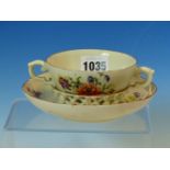 AN 18th C. TWO HANDLED TREMBLEUSE CUP AND SAUCER, PROBABLY GERMAN, PAINTED WITH SPRIGS OF FLOWERS