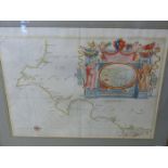 AFTER CAPTAIN GREENVILE COLLINS. AN ANTIQUE HAND COLOURED MAP OF THE DEVONSHIRE COAST. 46 x 58cms.