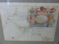 AFTER CAPTAIN GREENVILE COLLINS. AN ANTIQUE HAND COLOURED MAP OF THE DEVONSHIRE COAST. 46 x 58cms.