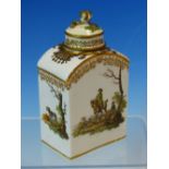 A MARCOLINI MEISSEN TEA CADDY AND COVER PAINTED WITH FIGURES AND DOGS OUT BOAR HUNTING, CROSSED