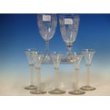 A SET OF FIVE OPAQUE TWIST CORDIAL GLASSES WITH ACORN ENGRAVED CONICAL BOWLS. H 14.5cms. TOGETHER