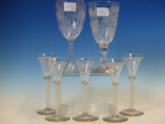 A SET OF FIVE OPAQUE TWIST CORDIAL GLASSES WITH ACORN ENGRAVED CONICAL BOWLS. H 14.5cms. TOGETHER