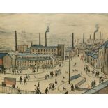 L.S. LOWRY (1887-1976). ARR. HUDDERSFIELD. PENCIL SIGNED COLOUR PRINT. 48 x 58cms.