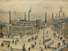 L.S. LOWRY (1887-1976). ARR. HUDDERSFIELD. PENCIL SIGNED COLOUR PRINT. 48 x 58cms.