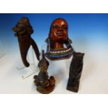 A VILLARS WOOD NUTCRACKER CARVED WITH A MANS HEAD WEARING A TASSELLED HAT, A CARVED WOOD BEAR. H