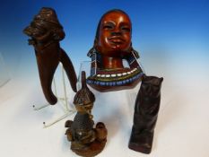 A VILLARS WOOD NUTCRACKER CARVED WITH A MANS HEAD WEARING A TASSELLED HAT, A CARVED WOOD BEAR. H