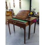 A GEORGE III MAHOGANY WRITING AND READING TABLE, THE LECTERN INSET TOP OVER A DRAWER PULLING OUT