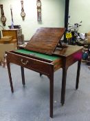 A GEORGE III MAHOGANY WRITING AND READING TABLE, THE LECTERN INSET TOP OVER A DRAWER PULLING OUT