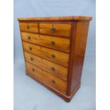 A VICTORIAN MAHOGANY CHEST OF TWO SHORT AND FOUR LONG DRAWERS ON A PLINTH AND BUN FEET. W 129 x W