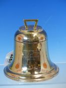 A HALLMARKED SILVER BELL FORM PRESENTATION INK WELL WITH LOADED BASE AND HINGED COVER, ENGRAVED