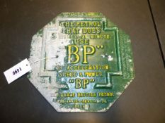 A GREEN AND YELLOW DETAILED ALUMINIUM OCTAGONAL BP WALL SIGN POST CAPT. MALCOLM CAMPBELLS LAND SPEED