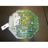 A GREEN AND YELLOW DETAILED ALUMINIUM OCTAGONAL BP WALL SIGN POST CAPT. MALCOLM CAMPBELLS LAND SPEED