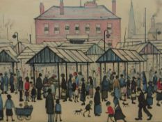 L.S. LOWRY (1887-1976). ARR. MARKET SCENE IN A NORTHERN TOWN. PENCIL SIGNED COLOUR PRINT, GALLERY