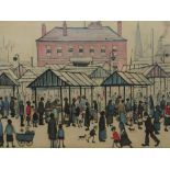 L.S. LOWRY (1887-1976). ARR. MARKET SCENE IN A NORTHERN TOWN. PENCIL SIGNED COLOUR PRINT, GALLERY