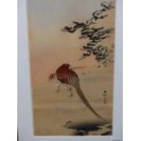 OHARA KOSON (1877-1945). PHEASANTS. SIGNED, WOODBLOCK PRINT. 33 x 18cms.