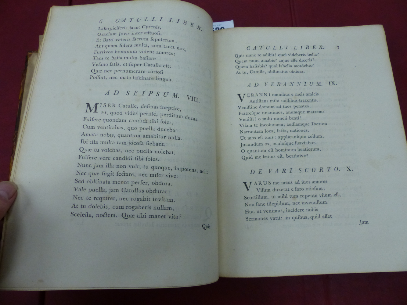 CATULLI TIBULLI ET PROPERTII OPERA PRINTED BY JOHANNIS BASKERVILLE, 2 VOLS,1772, LEATHER BOUND - Image 5 of 11