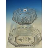 A PAIR OF CUT GLASS CANTED RECTANGULAR DISHES, THE SERRATED RIMS ABOVE BANDS OF DIAMONDS AND BATONS,