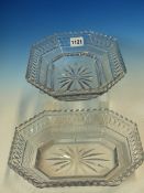 A PAIR OF CUT GLASS CANTED RECTANGULAR DISHES, THE SERRATED RIMS ABOVE BANDS OF DIAMONDS AND BATONS,