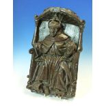 A 16th C. OAK PANEL CARVED WITH HENRY VIII ENTHRONED WITHIN A SHELL TOPPED NICHE, THE CROWNED KING
