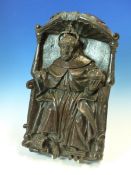 A 16th C. OAK PANEL CARVED WITH HENRY VIII ENTHRONED WITHIN A SHELL TOPPED NICHE, THE CROWNED KING