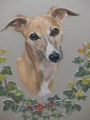 MARY BROWNING (20th/21st.C.). ARR. TWO PLAYFUL WHIPPETS. PASTEL, SIGNED. 47 x 61cms. TOGETHER WITH