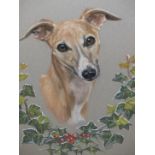 MARY BROWNING (20th/21st.C.). ARR. TWO PLAYFUL WHIPPETS. PASTEL, SIGNED. 47 x 61cms. TOGETHER WITH