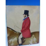JOSHUA DIGHTON (1831-1908). MINIATURE PROFILE PORTRAIT OF A GENTLEMAN ON A HORSE WEARING A RED COAT.