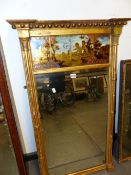 A 19th C. RECTANGULAR MIRROR IN GILT CLUSTER COLUMN FRAME, THE VERRE EGLOMISE PANEL BELOW THE BEADED