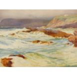 JOHN W. ASH (LATE 19th.C. ENGLISH SCHOOL). WAVES BREAKING ON A ROCKY FORESHORE. SIGNED