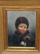 19th C. CONTINENTAL SCHOOL, HER FAVOURITE PET, INITIALLED AND DATED, OIL ON CANVAS. 24 x 18.5cms