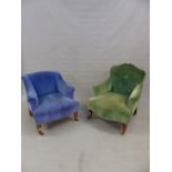 A HOWARD AND SONS AND ANOTHER LOW ARMCHAIR, THE FIRST UPHOLSTERED IN GREEN VELVET WITH SERPENTINE